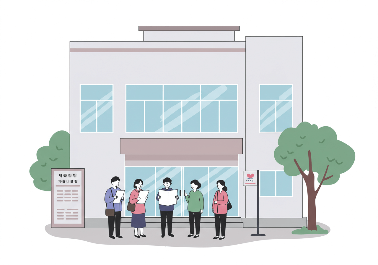 기초 지자체(시청&middot;군청&middot;구청) 건물 앞에서 주민들이 공고문을 살펴보는 장면 3