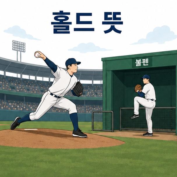 경기 후반 중간계투 투수가 리드를 지키는 모습을 이용해 야구 홀드의 뜻을 소개하는 그림