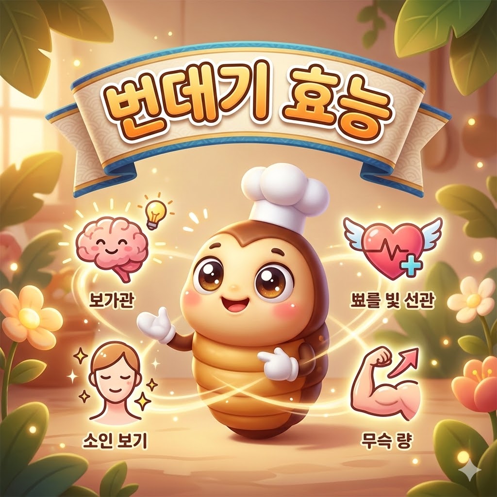 귀여운 번데기 캐릭터가 뇌 건강, 심혈관 건강, 피부 미용 등 다양한 건강 효능을 활기차게 보여주는 3D 카툰 일러스트. '번데기 효능'이라는 한글 텍스트가 삽입되어 있습니다.