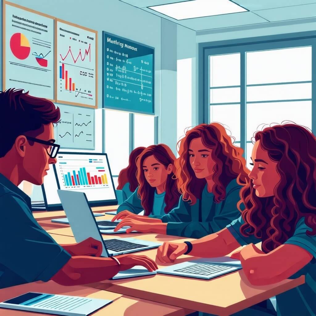 AI 기반 수학 학습: 학생들이 AI 프로그램을 사용하여 수학 문제를 해결하는 모습. 화면에는 AI가 제공하는 문제와 풀이 과정이 시각적으로 나타나 있는 장면.