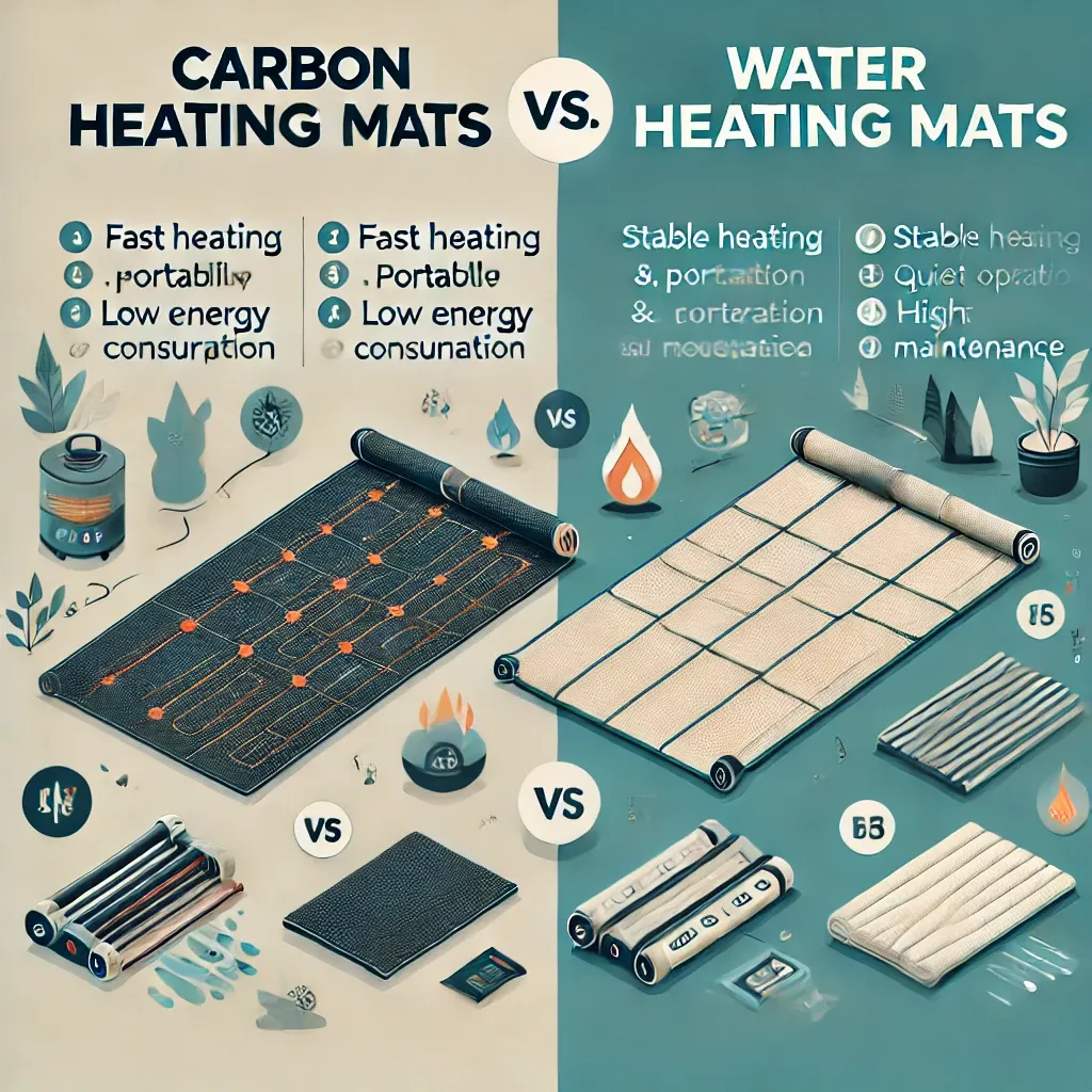 카본매트와 온수매트의 특징 비교 인포그래픽&amp;#44; 빠른 난방과 안정적 열 분포 강조