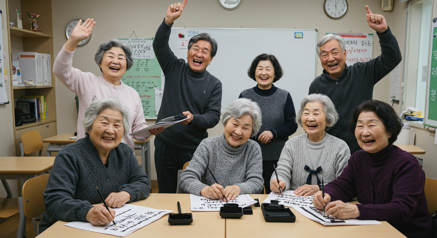 노년층이 평생교육 강좌에 참여하며 즐겁게 학습하고 있는 장면