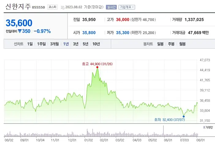 신한지주-최근1년-주가추이