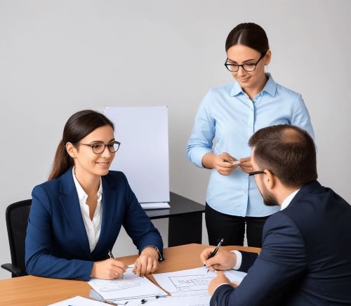 신사업 아이디어 컨설턴트가 자영업자에게 컨설팅을 하고 있다.