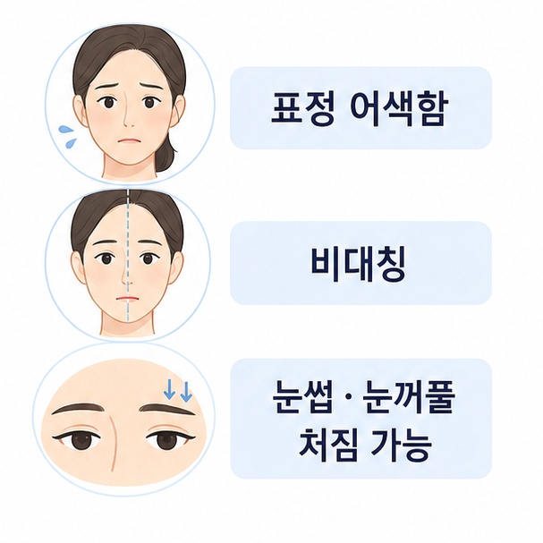 스킨보톡스 후 표정 어색함, 비대칭, 눈썹과 눈꺼풀 처짐 가능성을 정리한 이미지