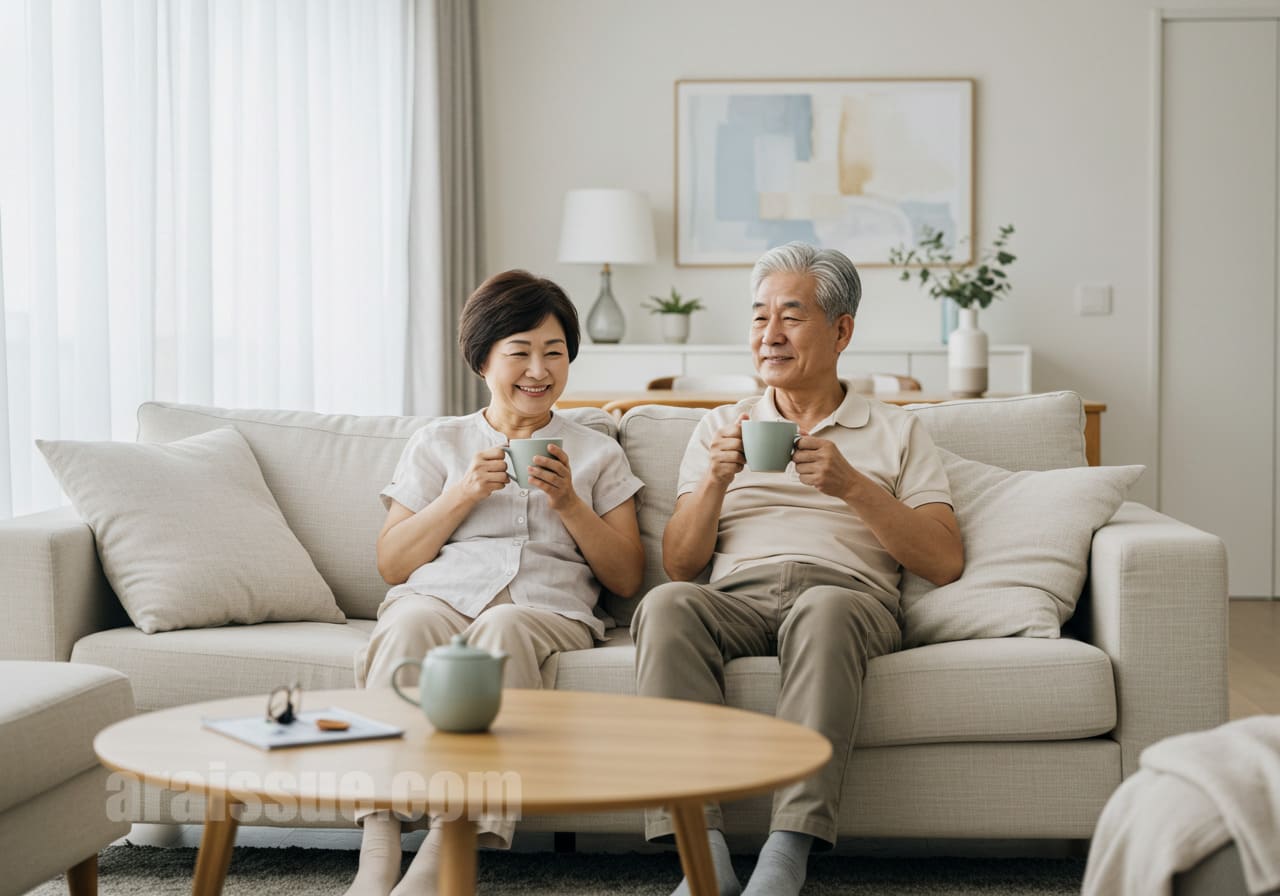 폐렴 예방접종을 마친 한국의 고령자 부부가 현대적인 거실에서 휴식을 취하는 모습. 의사의 후속 관리 지침을 따르고 있습니다.
