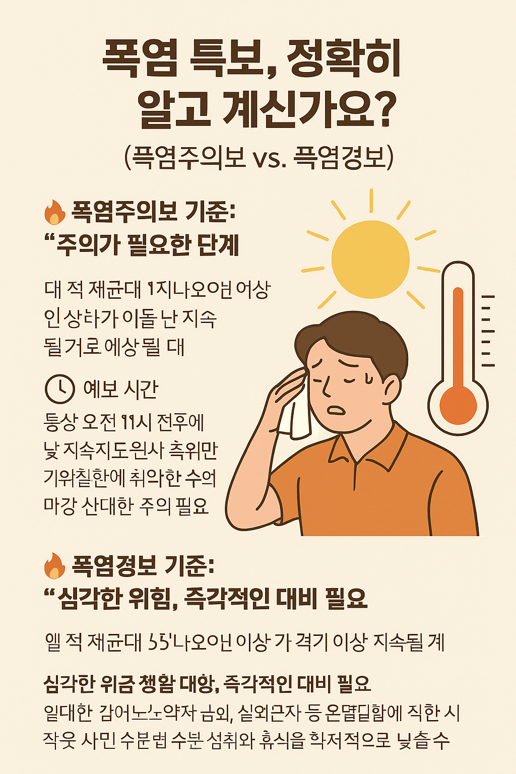 폭염주의보와 폭염경보의 기준을 설명. 더위에 지친 남성이 등장하며 햇볕과 체온계를 통해 폭염의 위험성을 강조함