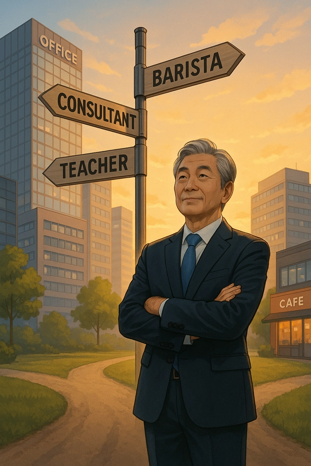 은퇴 후 제2의 커리어를 선택하는 중장년 남성이 컨설턴트, 강사, 바리스타, 창업가 등 다양한 직업 경로 표지판 앞에 자신감 있게 서 있는 모습