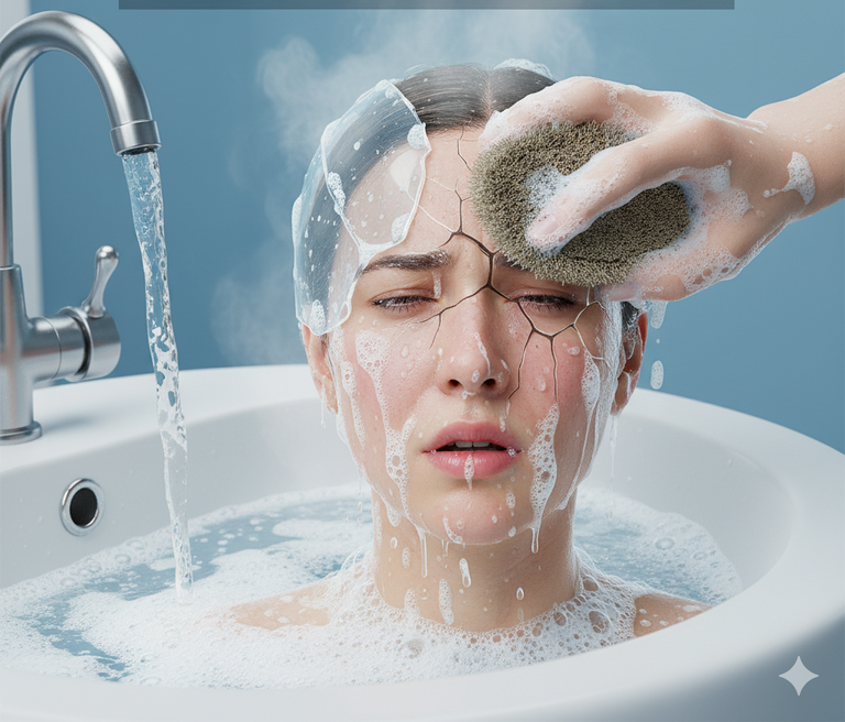 ▲ 과도한 세안은 피부의 보호막을 손상시킬 수 있습니다.