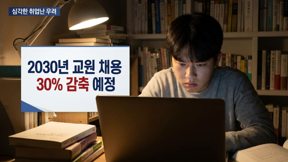 2030년까지 교사 신규 채용 최대 30% 감축을 예고하는 교육부 뉴스 화면 및 임용 고시 준비생들의 근심 가득한 모습