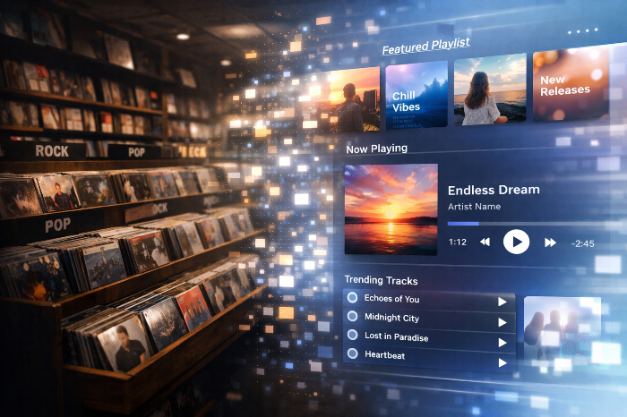 음반 매장 중심 장르 분류에서 디지털 음악 소비로 전환되는 이미지