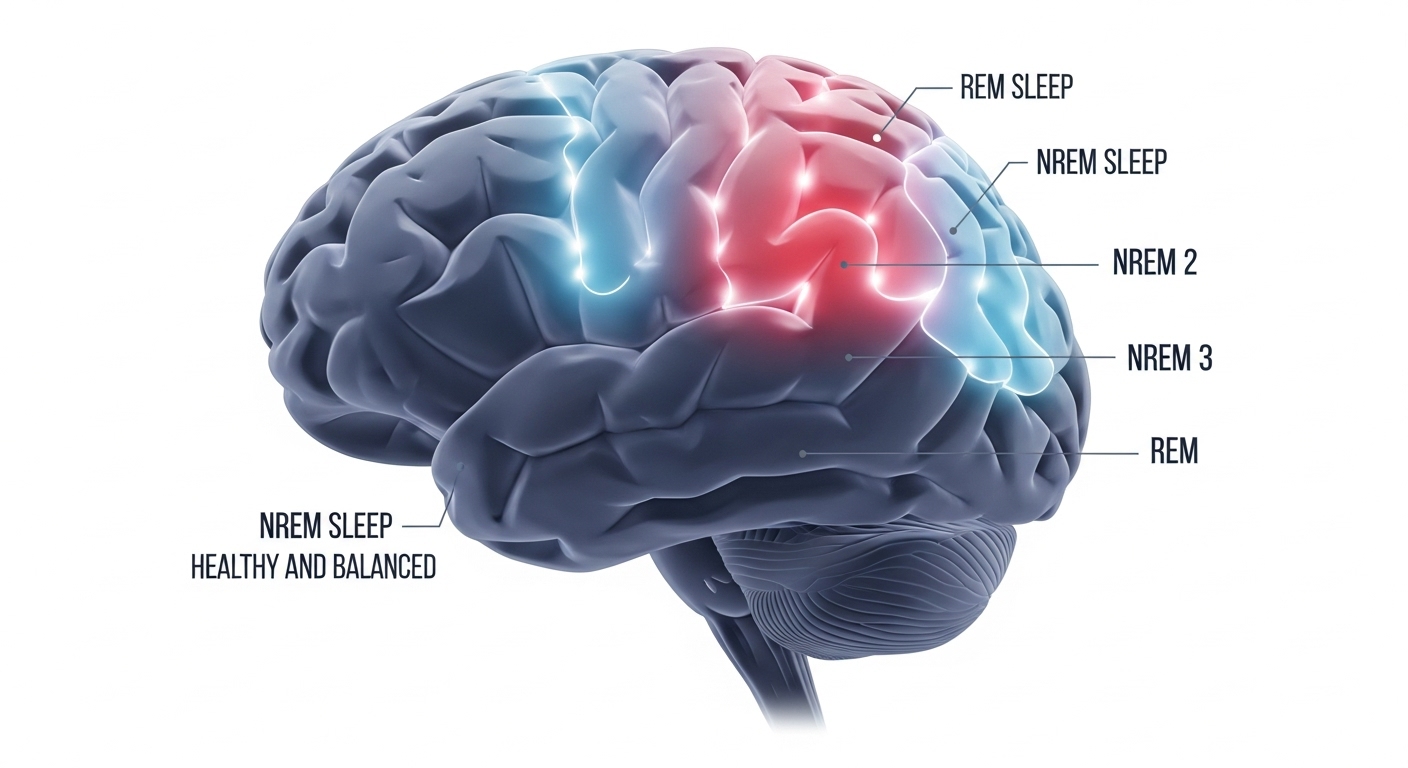 렘수면과 비렘수면 등 다양한 수면 단계가 표시된 뇌 이미지. 과학적인 수면 주기를 이해하는 모습을 시각화합니다.