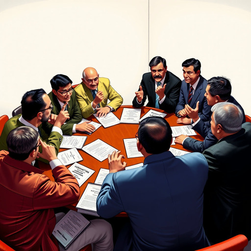 원탁에 여러 명의 인물들이 둘러앉아 진지하게 대화하거나, 손짓 발짓을 써가며 열띤 토론을 벌이는 장면을 묘사합니다. 테이블 위에는 '당헌', '당규', '당무 우선권' 등의 단어가 적힌 서류나 책자가 놓여 있을 수 있습니다. 다양한 의견이 오가는 활발하고 때로는 긴장감 있는 토론 분위기를 표현합니다.