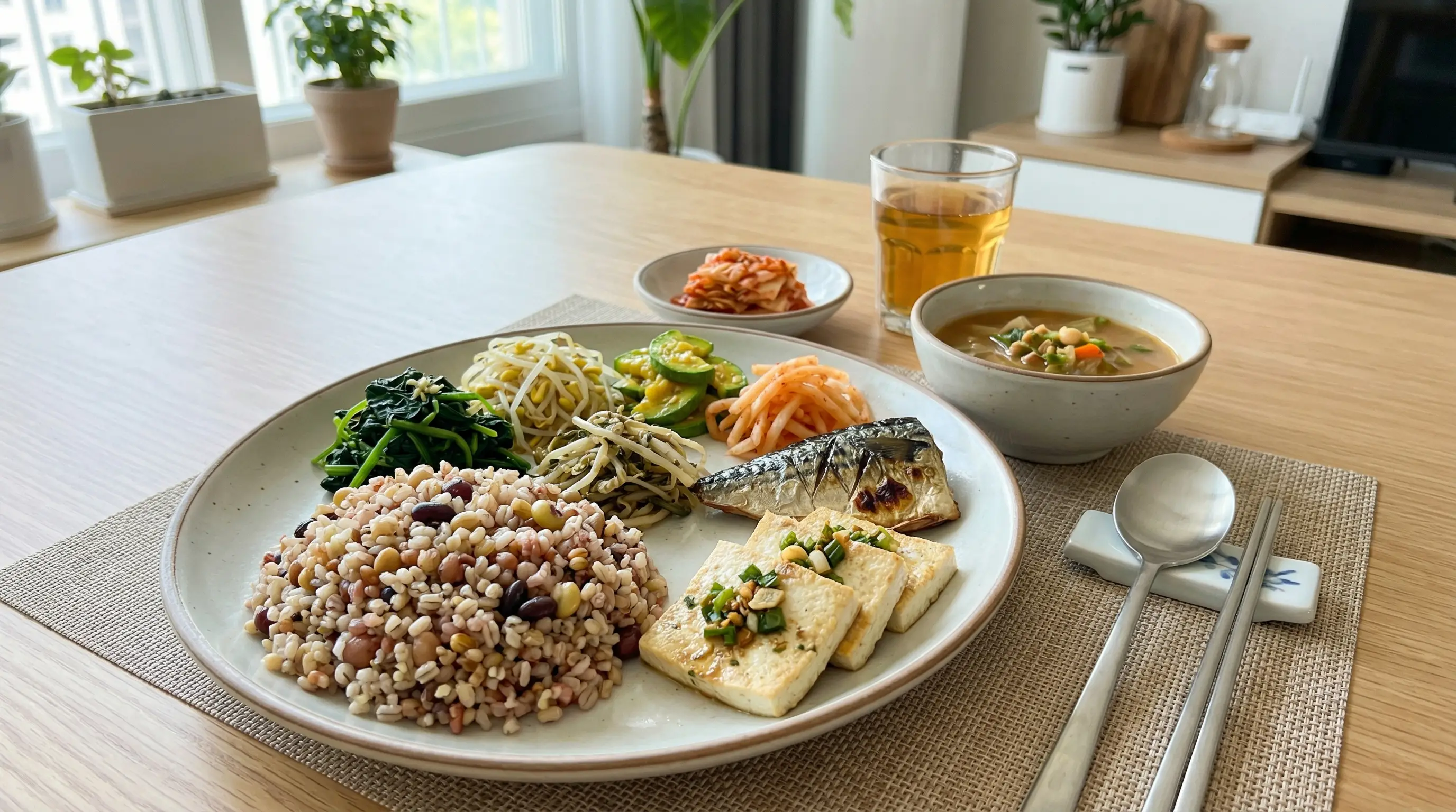 잡곡밥, 생선구이, 두부와 여러 채소 반찬을 한 접시에 담은 한식 식사