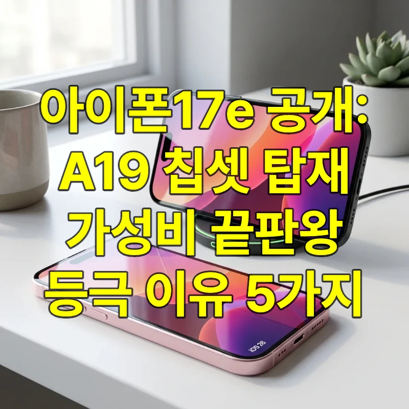 새로운 소프트 핑크 색상의 아이폰 17e가 데스크 위에 놓여 있고, 옆에는 블랙 모델이 맥세이프 충전기에 부착되어 무선 충전 기능을 강조하는 모습