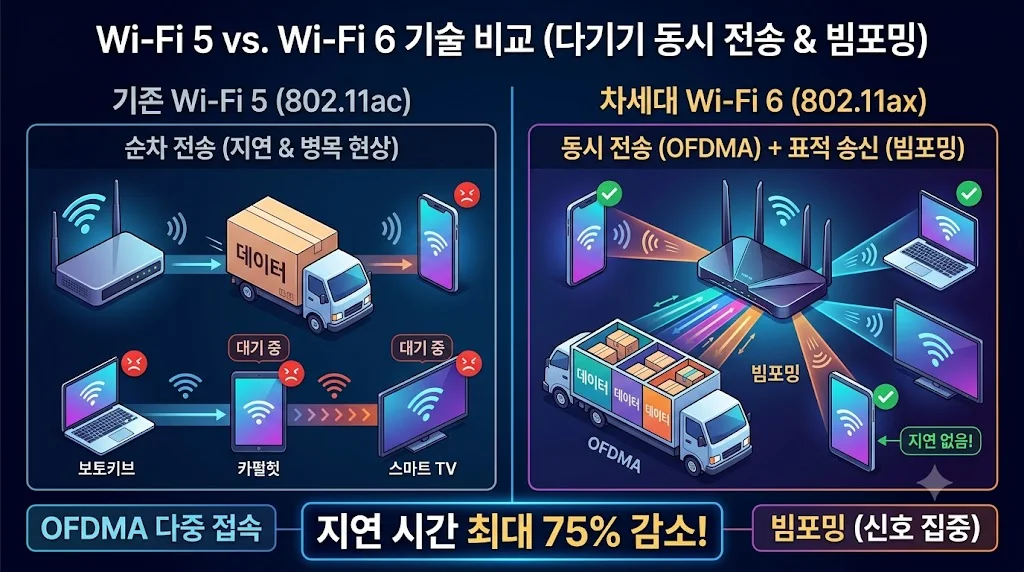 Wi-Fi 5 대비 Wi-Fi 6 공유기 속도 향상 OFDMA 및 다중 접속 빔포밍 기술 비교