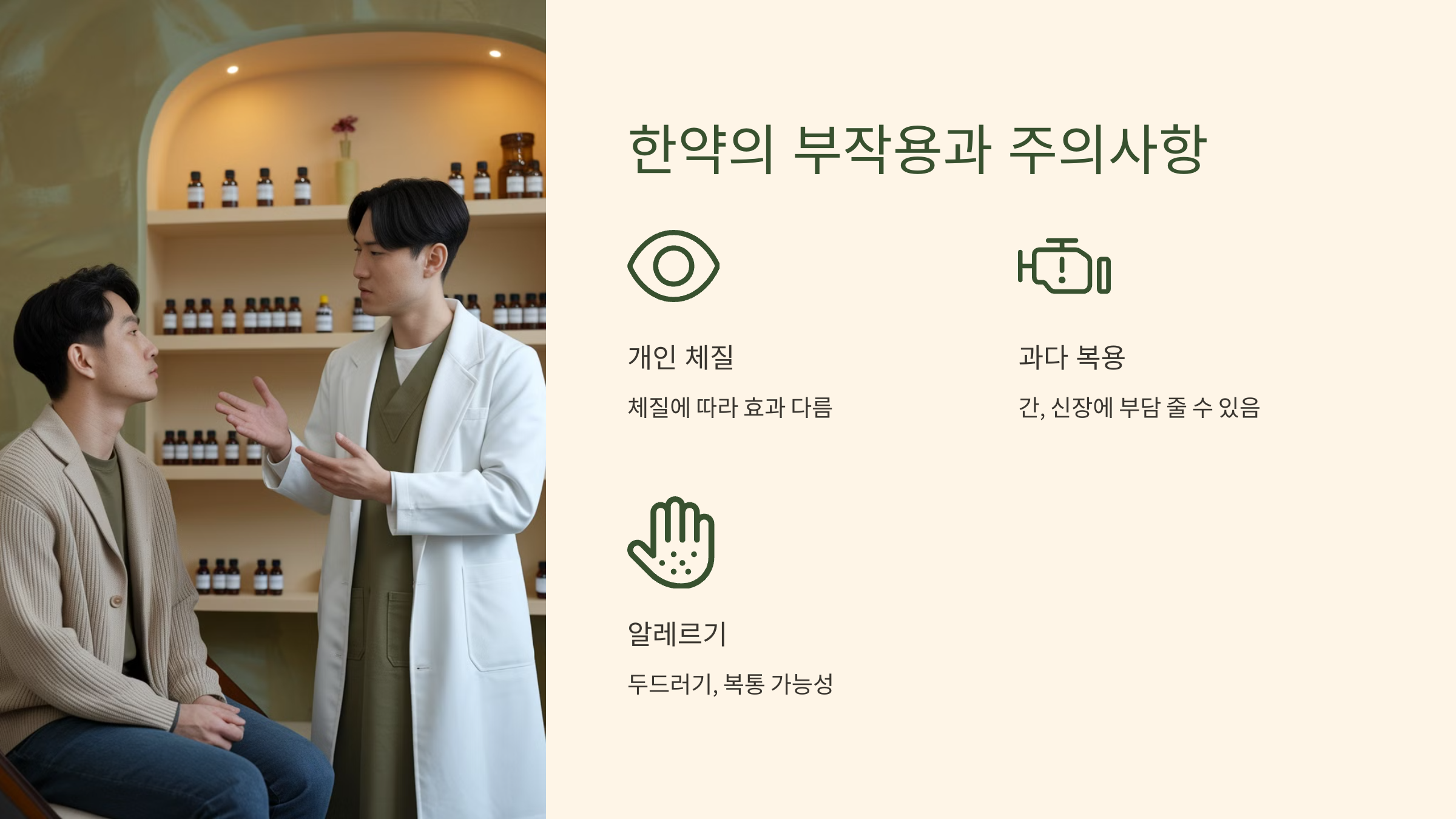 한약의 부작용과 주의사항 이라는 글과 의사와 이야기를 하고 있는 사람의 모습이 있는 이미지