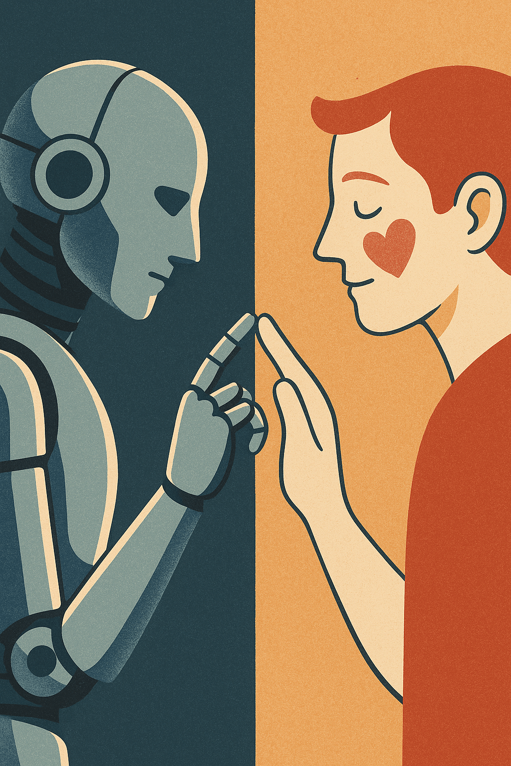 AI와 인간이 서로 손끝을 맞대는 장면에서, 로봇은 차가운 금속으로, 인간은 따뜻한 감정을 상징하는 하트를 얼굴에 띄고 있는 대비적 모습
