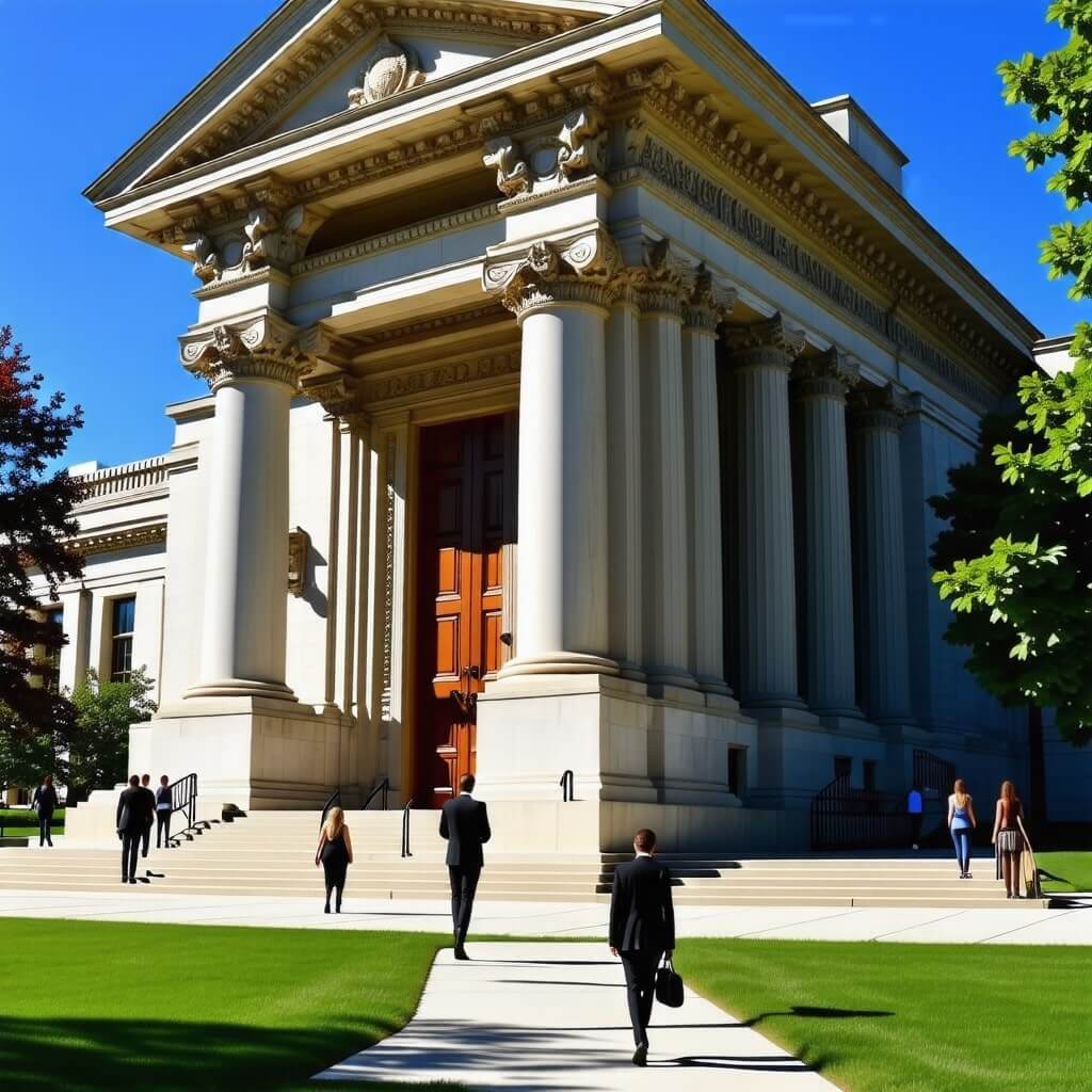 법원 건물: 상속세 관련 소송이나 법적 절차를 상징하는 법원 건물의 외관 사진.