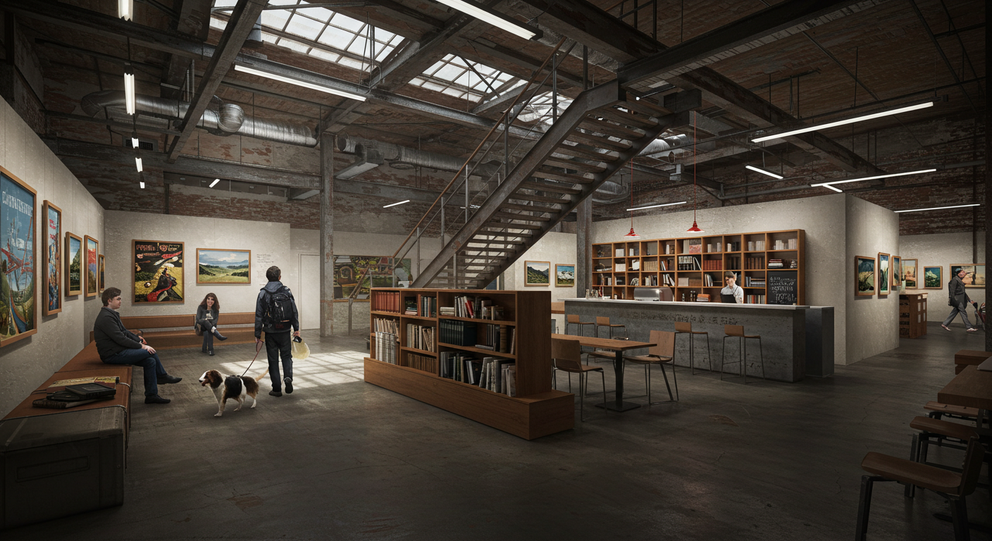 와이어 공장 리모델링 전시공간 F1963에서 반려견과 함께 걷는 장면