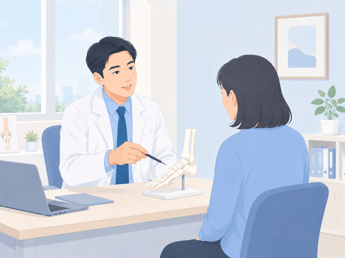 진료실에서 의사가 발 뼈 모형을 펜으로 가리키며 환자에게 설명하는 장면
