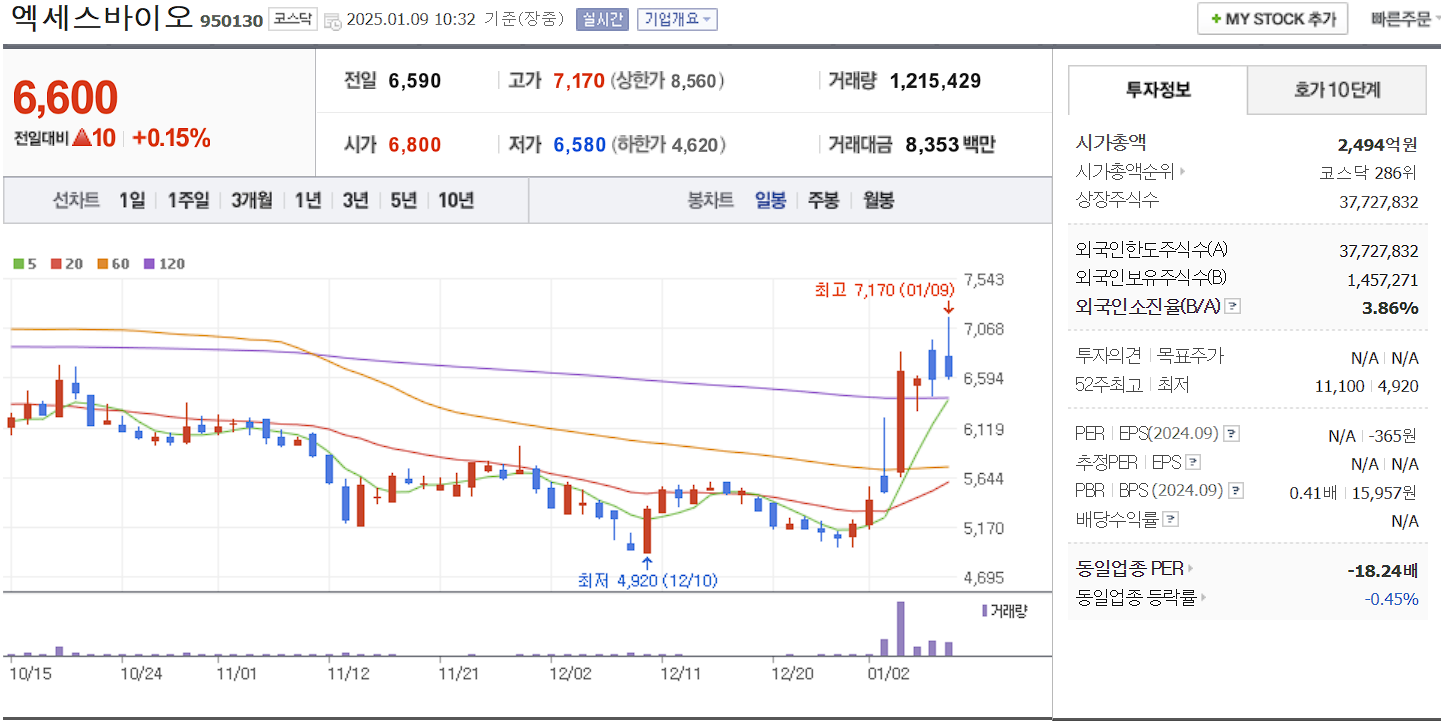 코로나 진단키트 관련주 대장주 엑세스바이오 일봉 차트