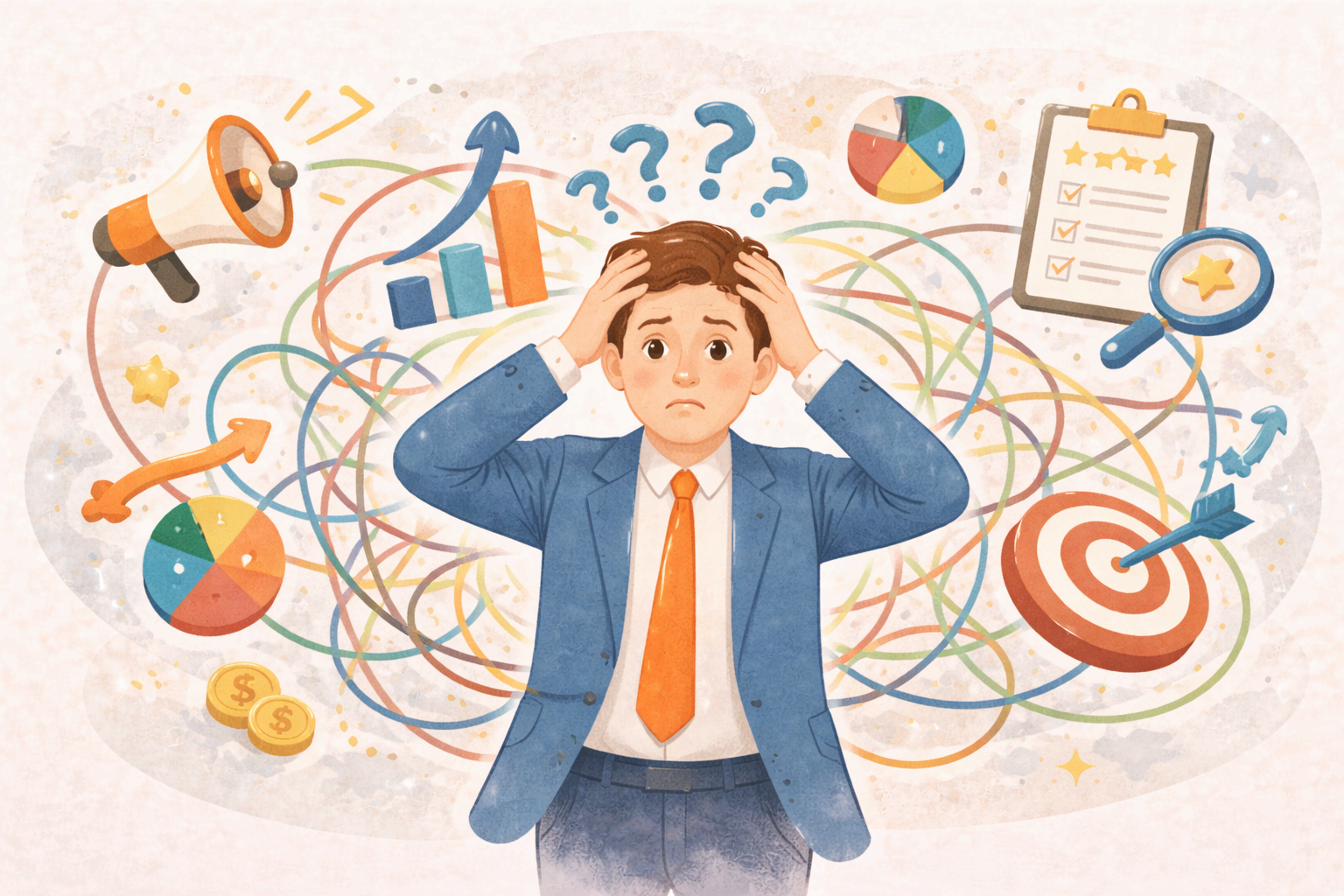 마케팅한다는 착각을 상징하는 혼란스러운 마케팅 아이콘