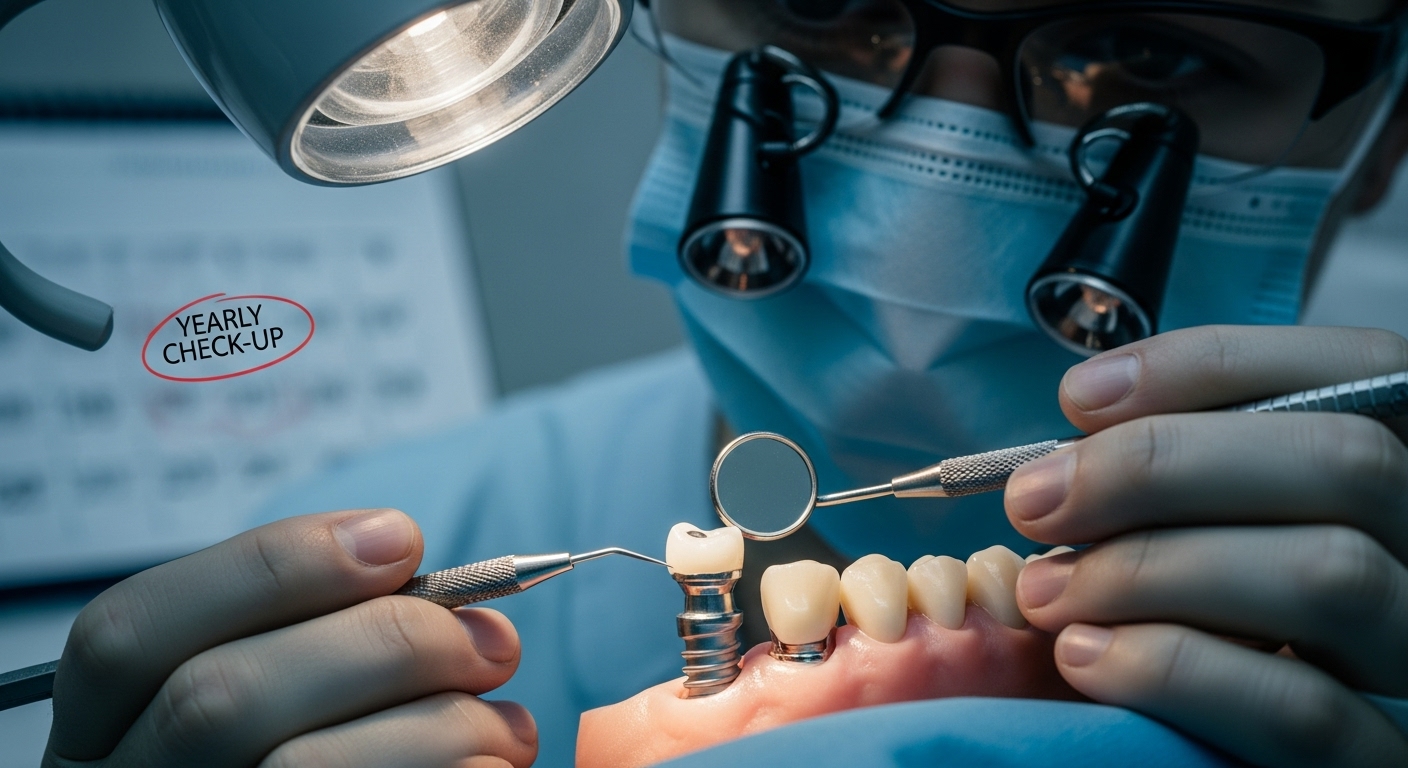 치과의사가 임플란트 시술 후 환자의 구강 상태를 정기적으로 검진하는 모습입니다.