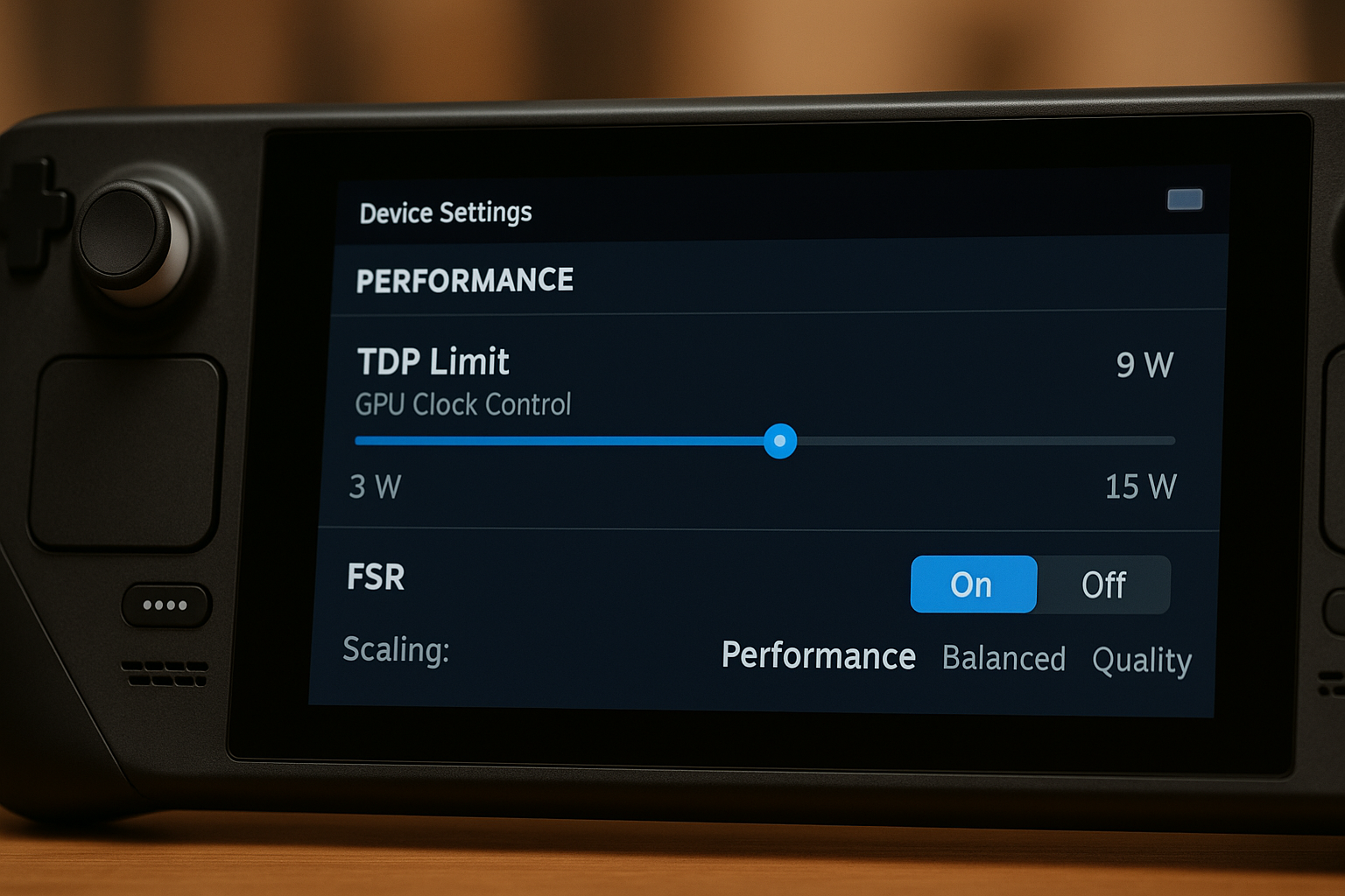 스팀 덱의 성능 탭에서 TDP 제한과 FSR을 설정하는 화면