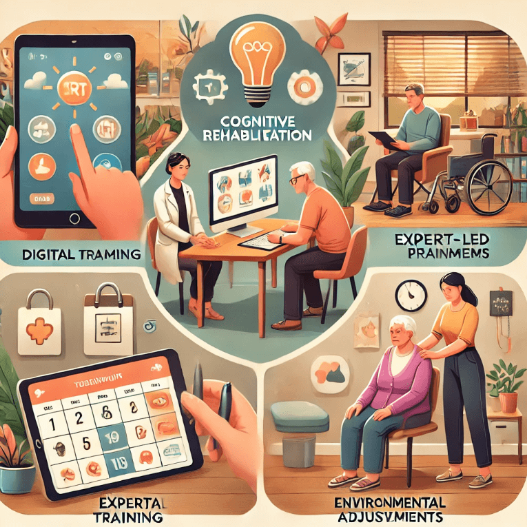 인지재활치료 (CRT) 의 ​​ 핵심 구성요소를 나타낸 그림