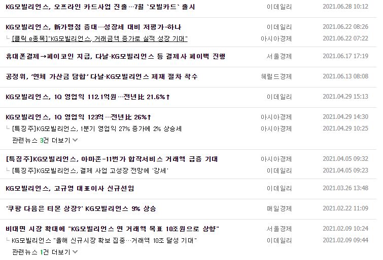 KG모빌리언스 뉴스, 공시