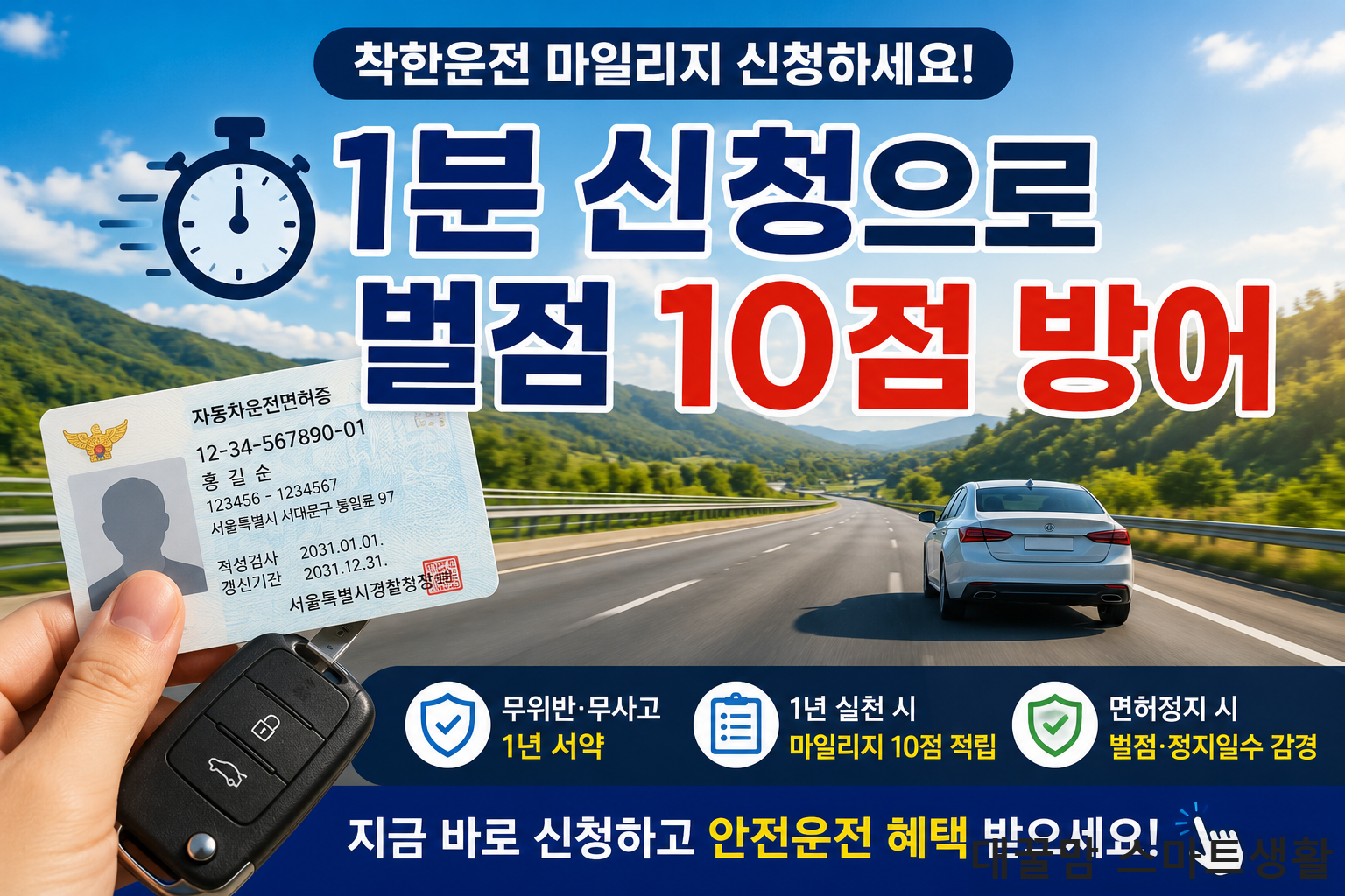 운전면허증과 자동차 키를 들고 착한운전 마일리지 신청 혜택을 안내하는 사진