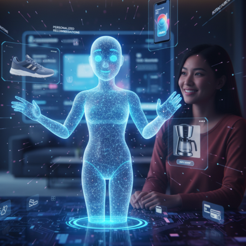 인공지능 가상 비서가 홀로그램으로 나타나 신발, 커피머신 등 맞춤형 상품을 추천하고, 여성이 이를 즐겁게 바라보는 미래형 쇼핑 장면