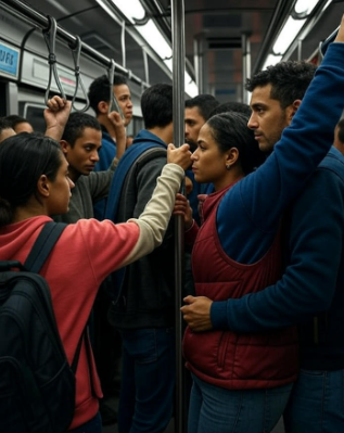 손잡이를 잡고 있는 사람들