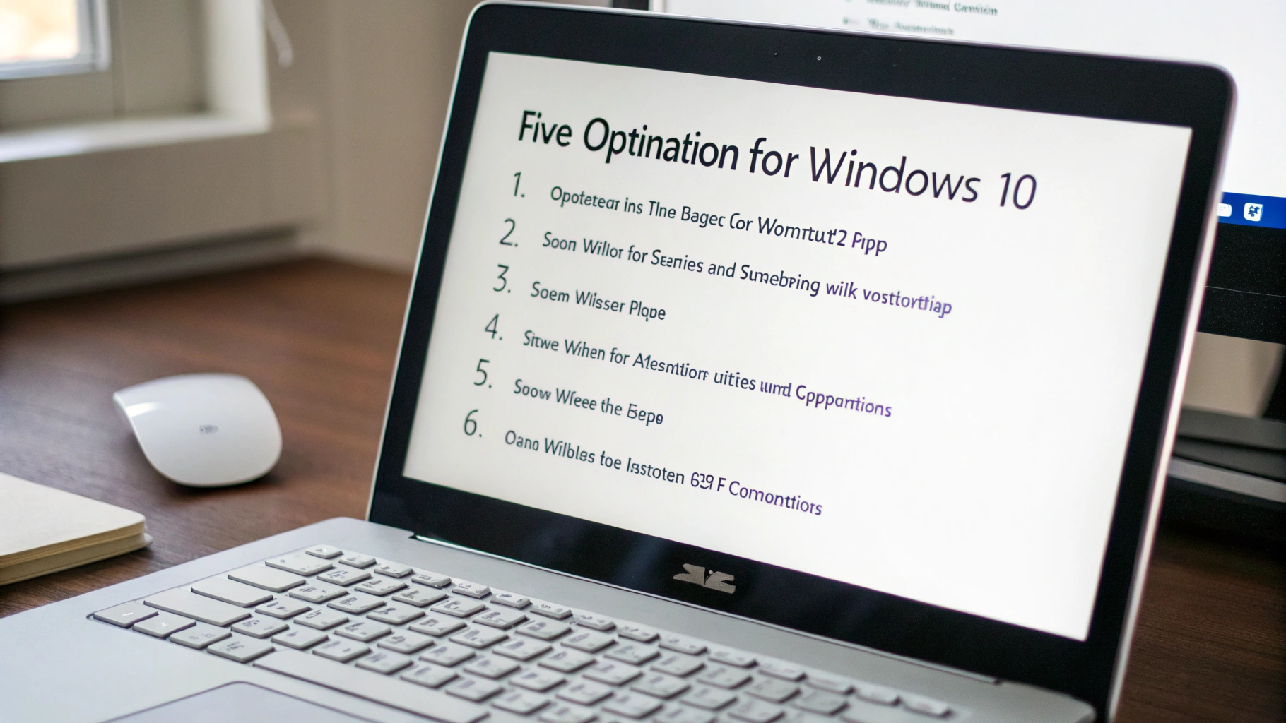 "노트북 화면에 'Five Optination for Windows 10'이라는 제목과 함께 번호가 매겨진 여섯 개의 목록이 표시되어 있음. 하지만 항목의 대부분은 오타나 의미 없는 단어들로 구성되어 있어 정확한 내용을 파악하기 어려움. 노트북은 책상 위에 놓여 있고, 주변에는 무선 마우스와 노트, 다른 모니터 등이 배치되어 있음