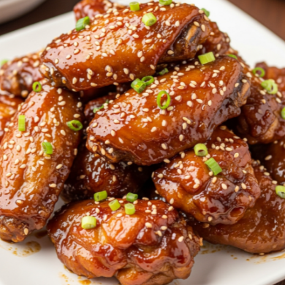 접시에 예쁘게 담긴 윤기가 자르르 흐르는 간장 닭봉 조림 클로즈업 사진