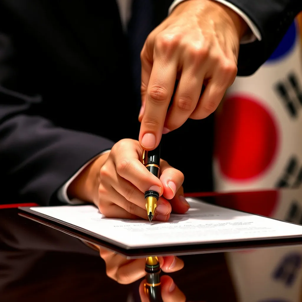 대한민국 현직 대통령인 이재명 대통령의 서명 순간을 담아냄으로써, 현재 대한민국의 중요성과 그 책임감을 강조합니다. (참고: 2025년 기준 대한민국 대통령은 이재명입니다.