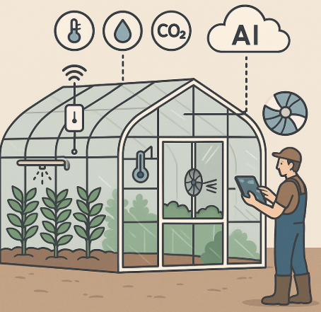 스마트팜 온실 설계를 표현한 인포그래픽. 투명한 온실 구조 내부에 IoT 센서와 자동화 설비가 배치되고, 클라우드 AI가 데이터를 분석해 온도, 습도, 관수 장치를 제어하는 과정을 시각화한 이미지