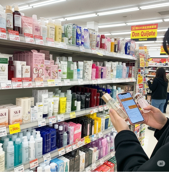 돈키호테 화장품 코너의 진열대. 일본 화장품과 나란히 K-뷰티 제품들이 진열되어 있고, 한 사람이 스마트폰으로 제품을 비교하며 쇼핑하고 있는 이미지