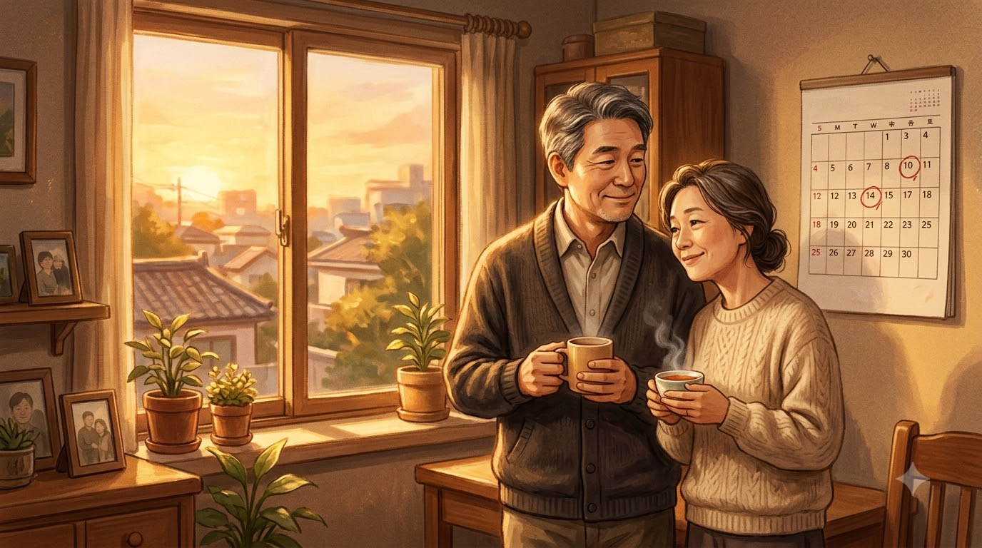 질 녘 창가에서 달력에 적힌 투자 날짜를 확인하며 편안하게 차를 마시는 50대 부부