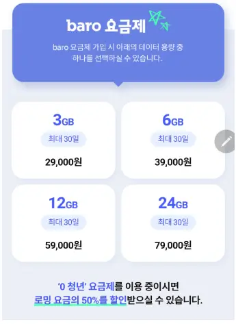 바로(baro) 요금제 옵션