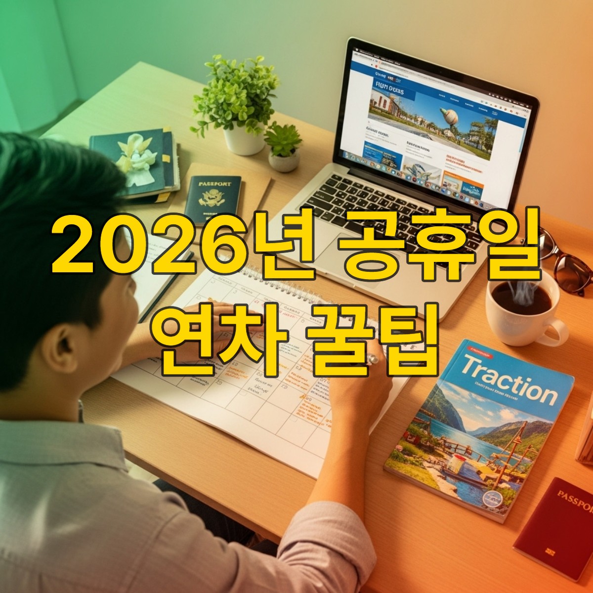 2026년 공휴일과 연차 사용 꿀팁. 노트북과 달력을 보고 휴가를 계획하는 직장인의 행복한 모습.