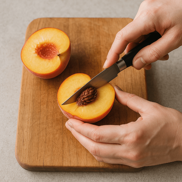 도마위에서 반으로 잘라 씨를 제거하고있는 복숭아