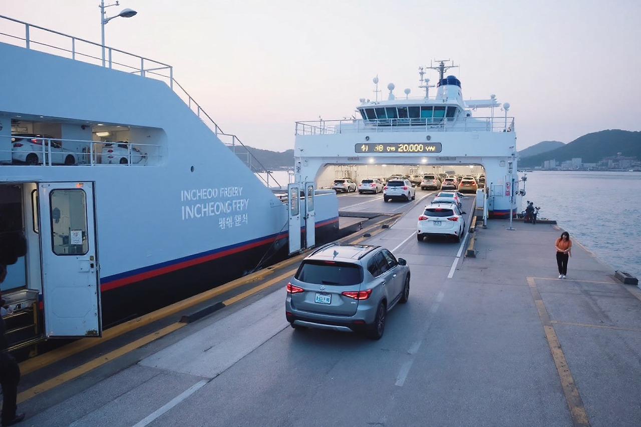 자동차로 배에 타는 모습