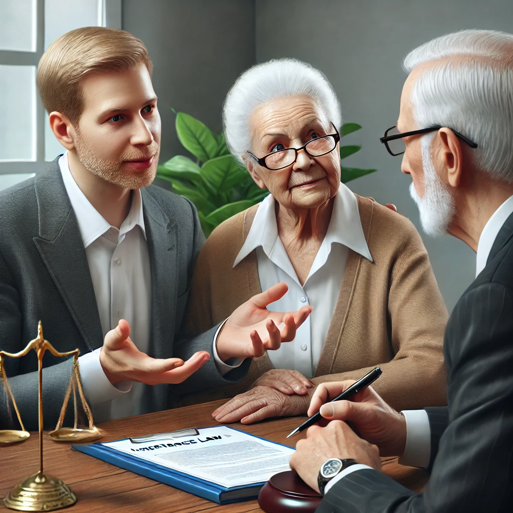 상속법의 변경 사항에 대해 변호사가 노인에게 설명하는 장면