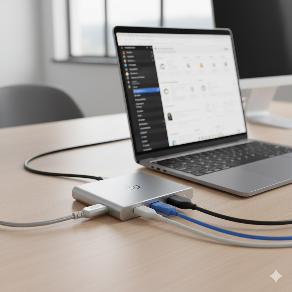 노트북 C타입 포트에 연결되어 HDMI와 USB 등 다양한 케이블이 꽂혀 있는 알루미늄 소재 멀티 허브의 모습