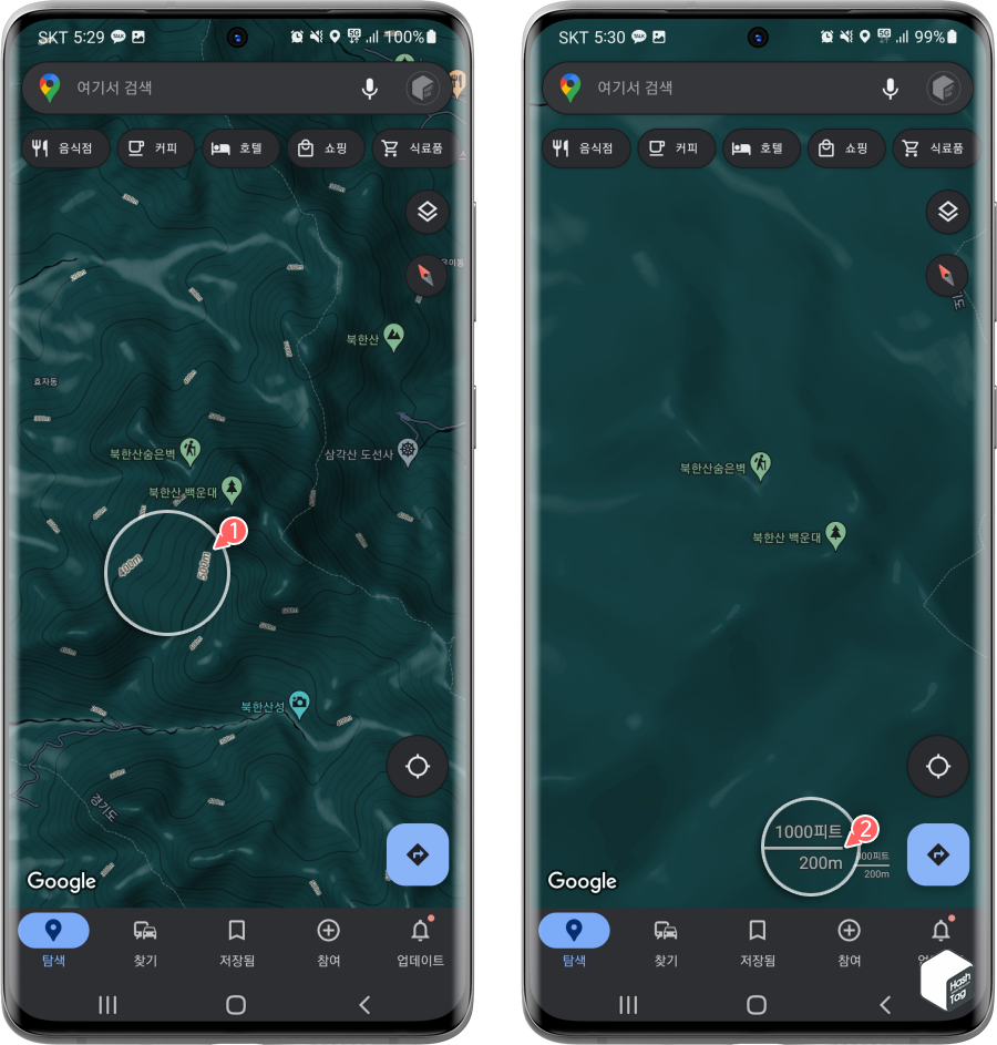등고선 및 고도 수치 표시