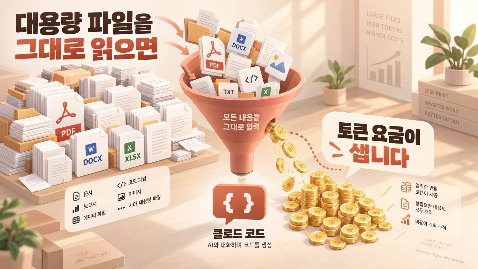 대용량 파일을 그대로 읽으면 토큰 요금이 새어나가는 것을 보여주는 인포그래픽