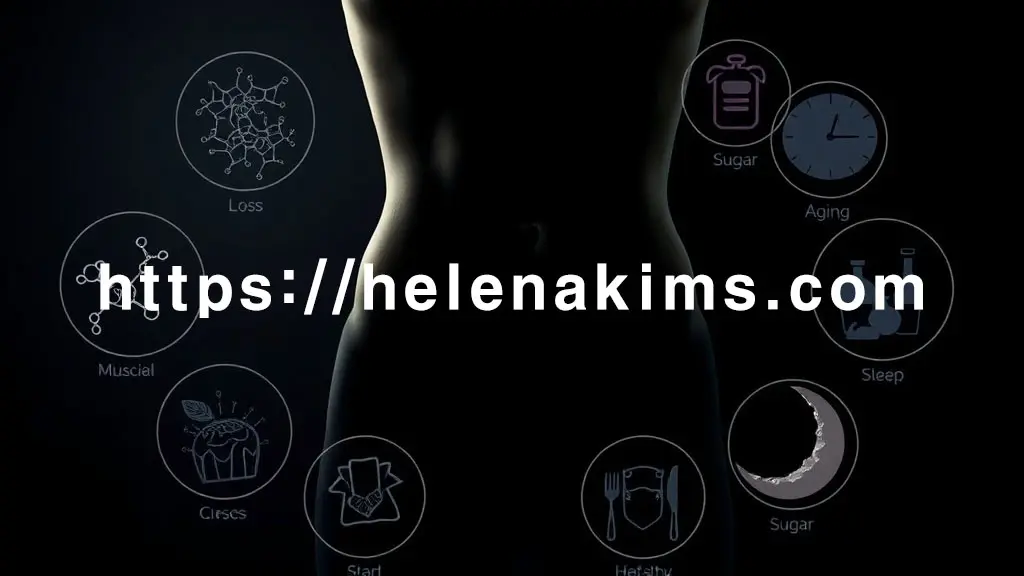 인체의 복부 부위를 중심으로 불규칙한 원형 고리들 안에는 근육 감소를 상징하는 희미한 근육 섬유 패턴, 호르몬 불균형을 나타내는 왜곡된 분자 구조, 바쁜 일상을 의미하는 느려진 시계 바늘, 패스트푸드 아이콘과 설탕 결정체, 그리고 수면 부족을 암시하는 깨진 달 등의 그래픽 이미지.