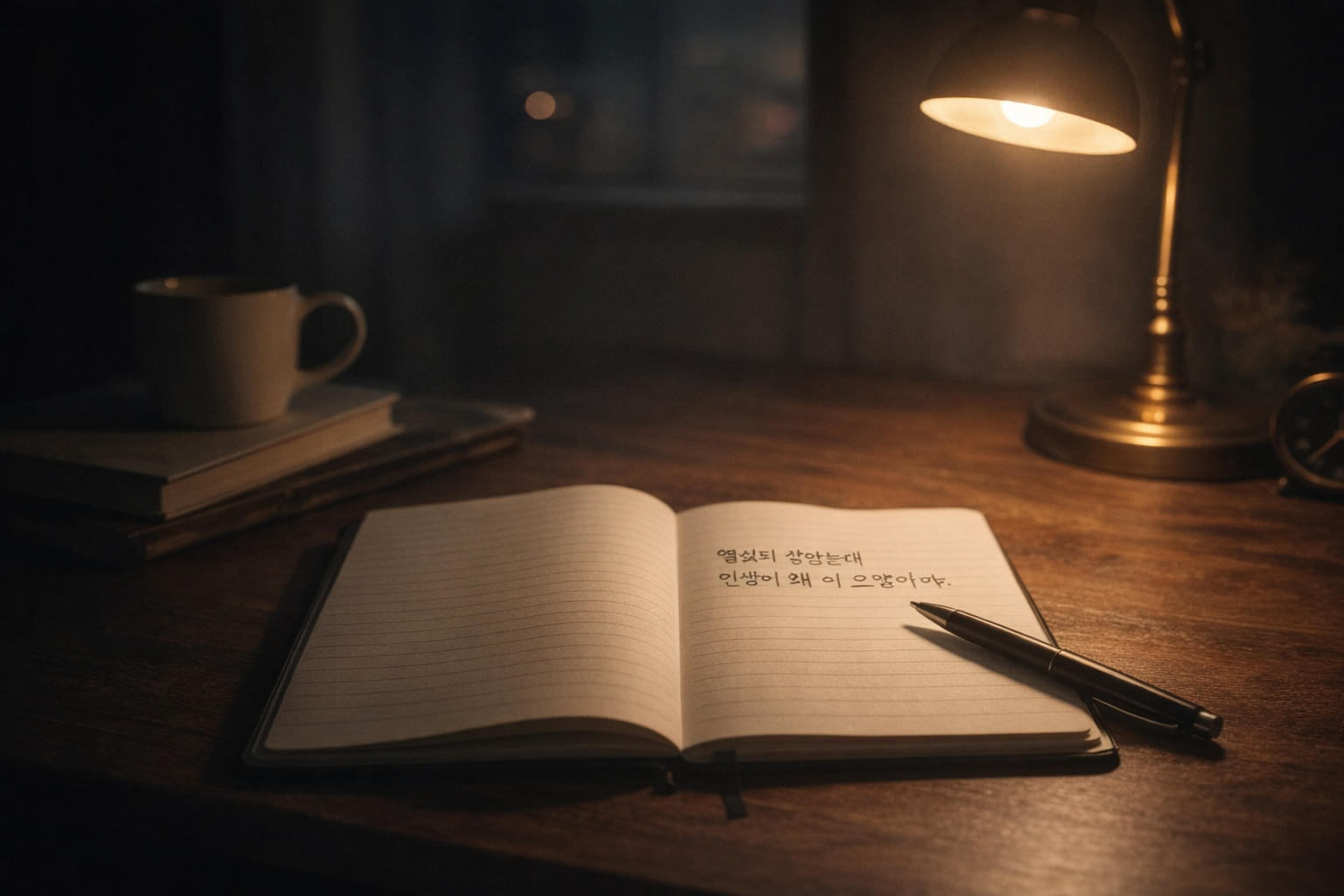 열심히 살았지만 이유 없이 지친 밤, 책상 위 노트와 펜이 놓인 조용한 저녁 풍경